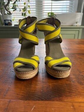 Tory Burch Yellow and Olive Striped Espadrille Wedge Sandals